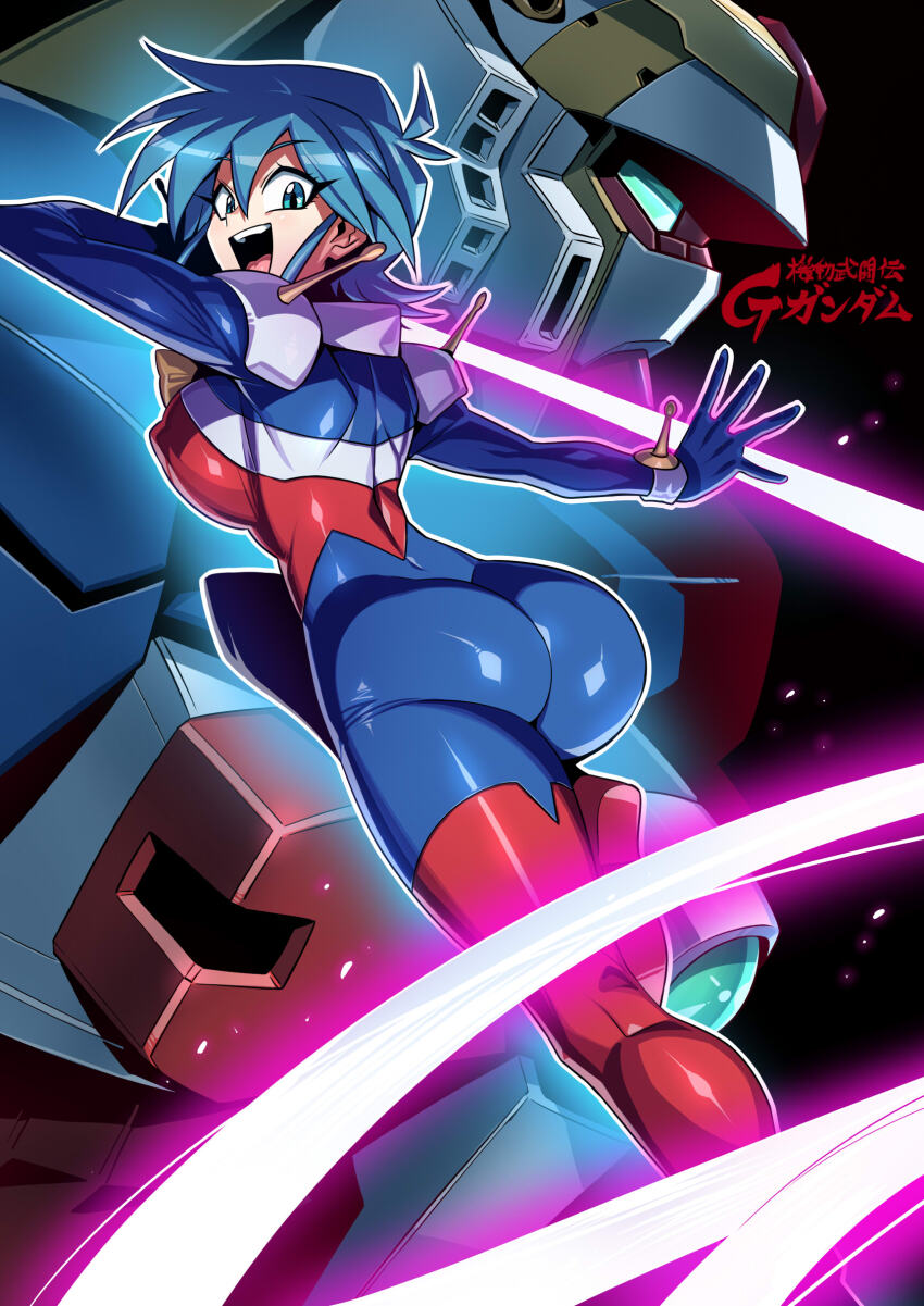 1girl absurdres allenby_beardsley ass beam_ribbon blue_bodysuit blue_eyes blue_hair bodysuit breasts from_behind g_gundam gundam highres looking_at_viewer looking_back mecha mecha_pilot_suit medium_breasts mobile_trace_suit multicolored_bodysuit nobel_gundam open_mouth red_bodysuit robot short_hair skin_tight smile solo tukiwani v-fin