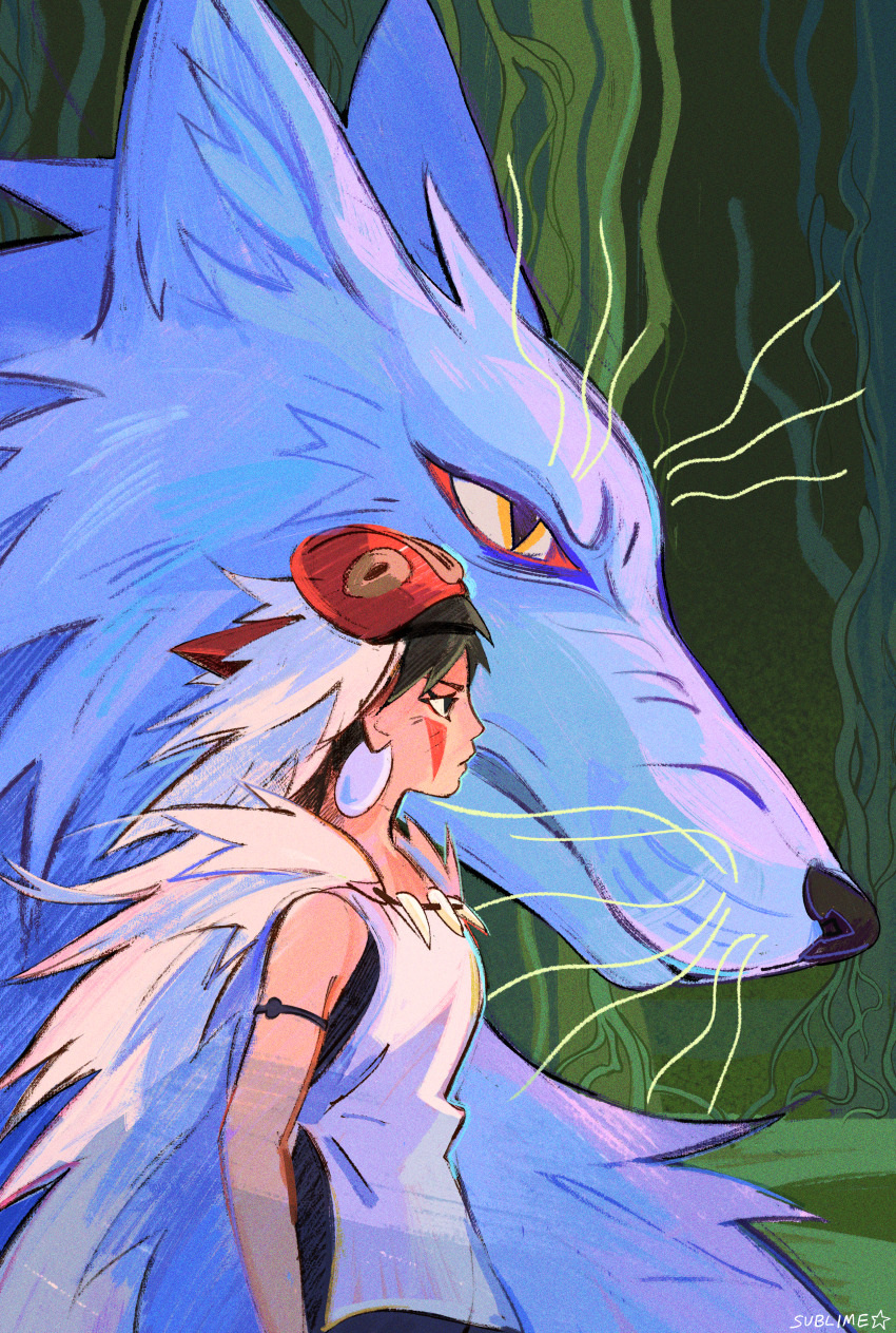 1girl absurdres animal armlet bare_arms black_eyes black_hair brown_hair cape closed_mouth commentary day dress earrings english_commentary esther_b_(sublime) facepaint facial_mark forest from_side fur_cape highres jewelry looking_ahead looking_to_the_side mask mask_on_head mononoke_hime moro_(mononoke_hime) nature necklace outdoors oversized_animal photoshop_(medium) san_(mononoke_hime) scene_reference shirt short_hair sleeveless sleeveless_shirt slit_pupils tooth_necklace upper_body whiskers white_dress white_shirt white_wolf wolf yellow_eyes