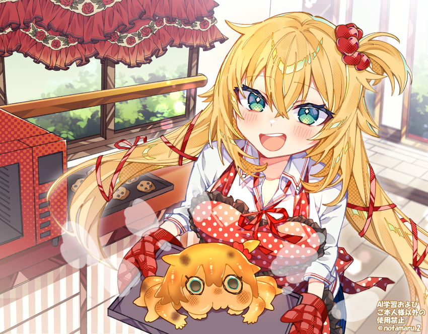 1girl :d akai_haato apron blonde_hair blush collared_shirt food food_request green_eyes hair_between_eyes hair_ribbon highres holding holding_tray hololive long_hair long_sleeves microwave neck_ribbon notamaru_2 one_side_up open_mouth oven_mitts polka_dot polka_dot_apron red_apron red_ribbon ribbon shirt smile solo tray upper_body virtual_youtuber watermark white_shirt