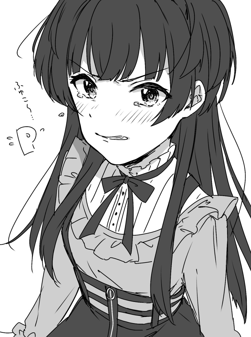 1boy 1girl black_hair black_skirt blush bow bowtie clenched_teeth frilled_shirt frills greyscale highres idolmaster idolmaster_shiny_colors mayuzumi_fuyuko monochrome p-head_producer pachiko producer_(idolmaster) shirt sketch skirt sweatdrop tearing_up teeth zipper_skirt
