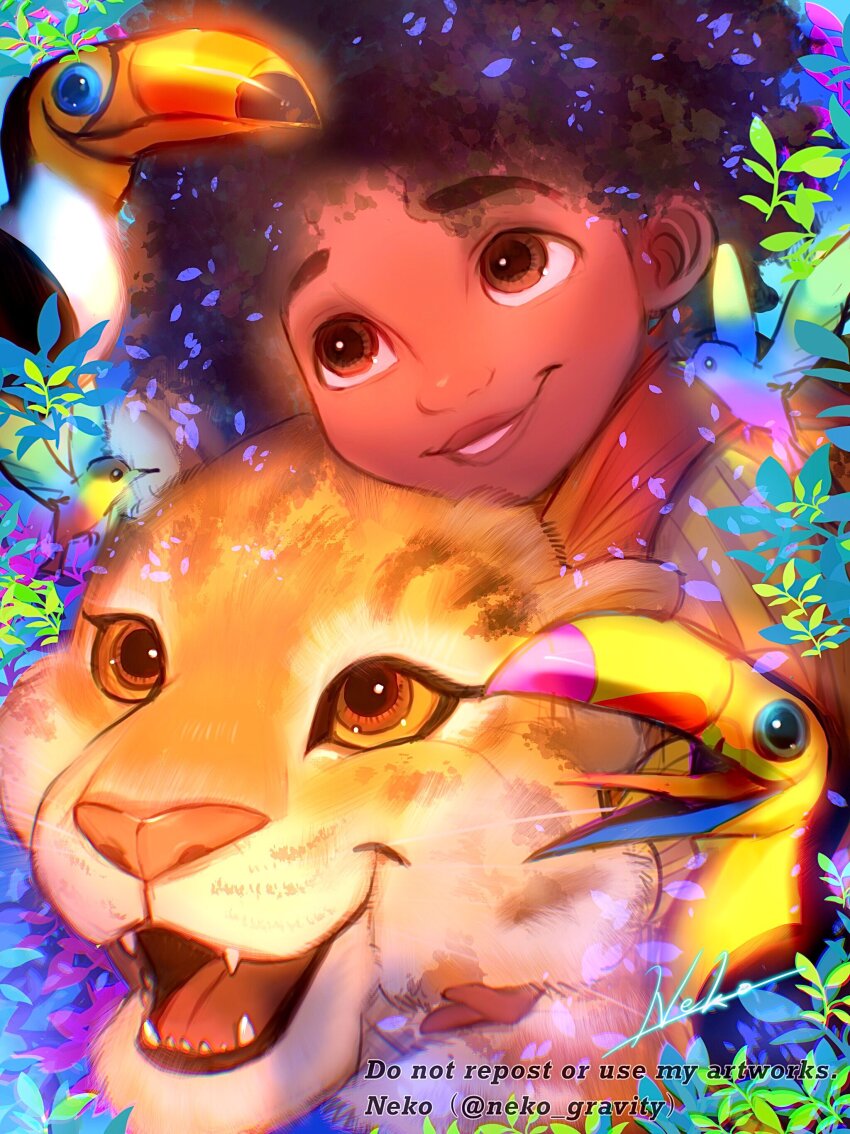 1boy absurdres animification antonio_madrigal bird brown_eyes brown_hair colombian_clothes curly_hair dark-skinned_female dark-skinned_male dark_skin encanto highres leaf nyamunekonabe short_hair smile stuffed_cheetah toucan upper_body very_dark_skin