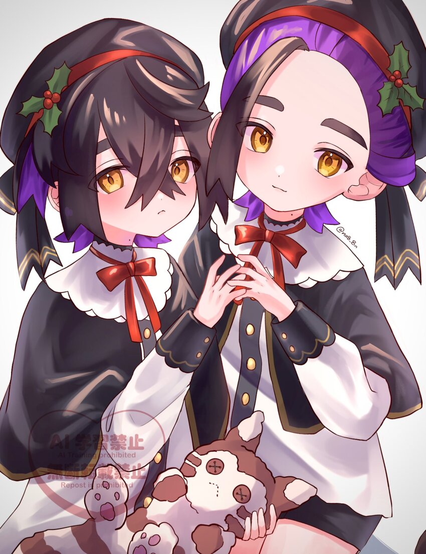 2boys alternate_costume black_hair black_hat black_shorts blush christmas clone closed_mouth crossed_bangs dual_persona furret gen_2_pokemon hat hat_ornament highres holly holly_hat_ornament kieran_(pokemon) long_sleeves looking_at_viewer male_focus mole mole_on_neck multiple_boys na8_8n nintendo orange_eyes pokemon pokemon_sv purple_hair red_ribbon ribbon shorts simple_background stuffed_toy twitter_username