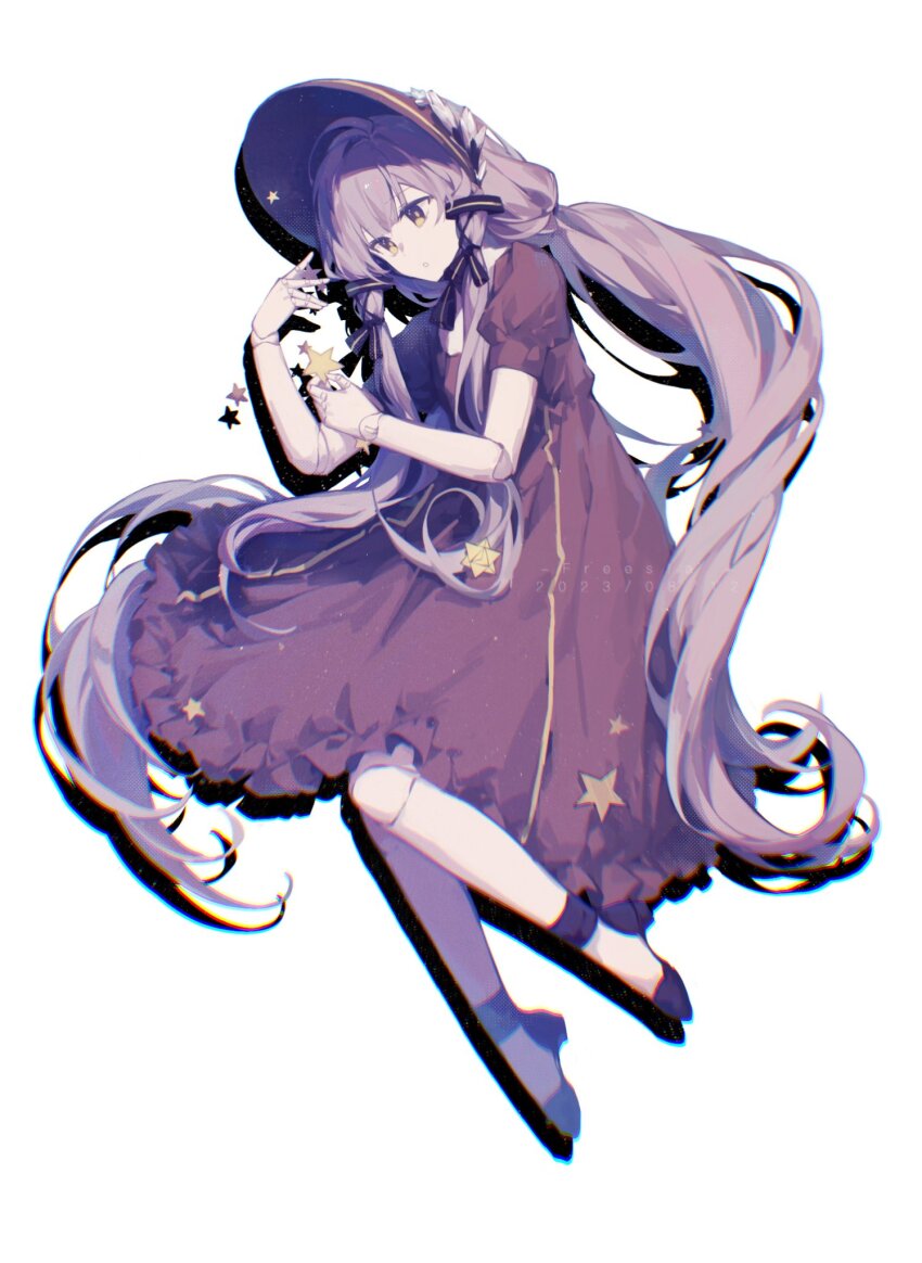 1girl :o bonnet chromatic_aberration commentary dress highres puffy_short_sleeves puffy_sleeves purple_dress purple_hair purple_shoes quad_tails shoes short_sleeves simple_background solo star_(symbol) stellated_octahedron sunahako symbol-only_commentary synthesizer_v vocaloid white_background xingchen yellow_eyes
