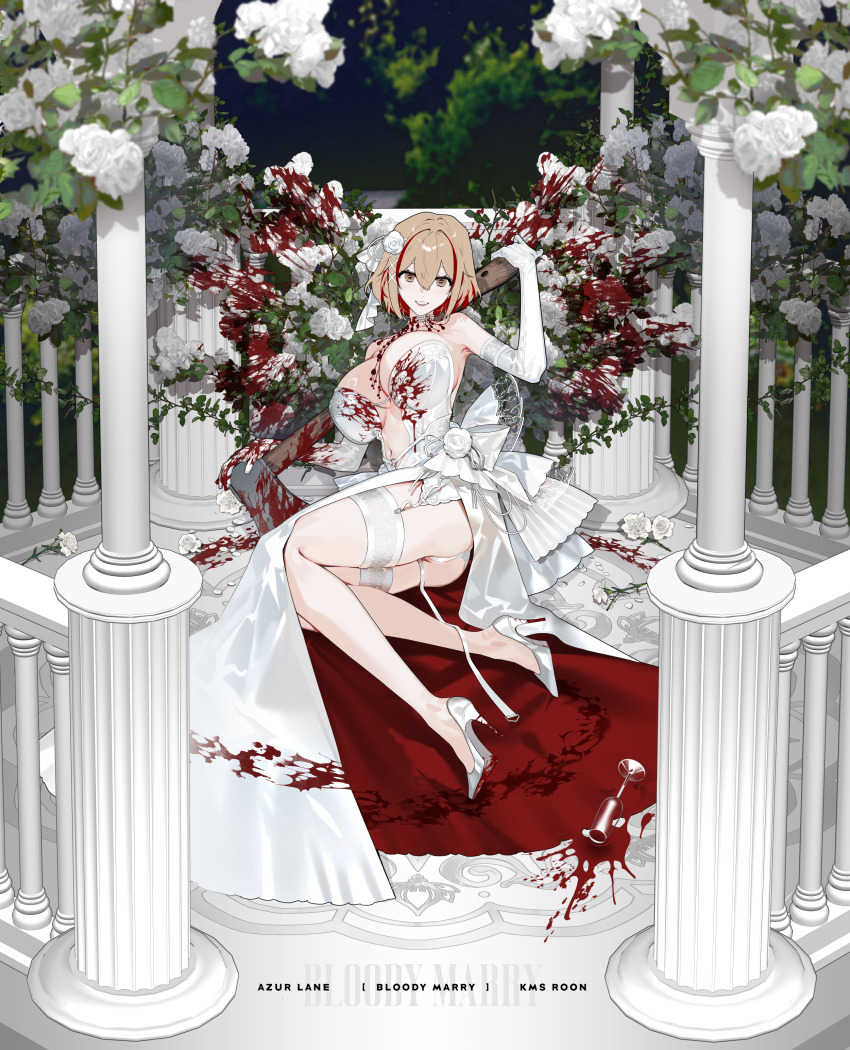 1girl absurdres alternate_costume ass axe azur_lane blood blood_on_clothes blood_on_flower blood_on_shoes blood_splatter bloody_clothes bloody_dress bloody_weapon breasts brown_hair center_opening character_name column commentary_request copyright_name dress dress_flower elbow_gloves flower frilled_thigh_strap full_body gloves hair_flower hair_ornament high_heels highres holding holding_axe huge_breasts looking_at_viewer multicolored_hair mzet panties pillar red_eyes red_hair roon_(azur_lane) rose short_hair solo stiletto_heels streaked_hair thigh_strap two-tone_hair underwear weapon wedding_dress white_dress white_flower white_footwear white_gloves white_panties white_rose x_hair_ornament