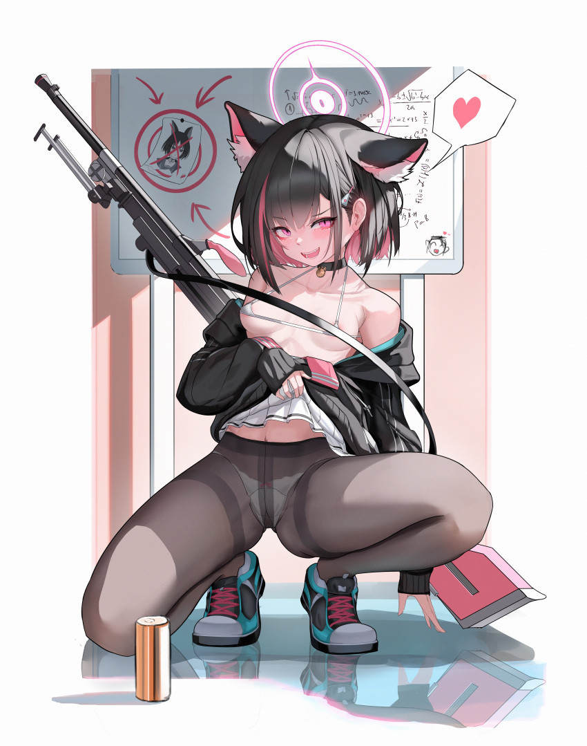 1girl absurdres animal_ear_fluff animal_ears bell black_choker black_hair black_pantyhose blue_archive blush breasts bren_lmg cat_ears cat_girl choker clothes_lift fangs gun gun_on_back gusset hair_between_eyes heart highres jacket jacket_partially_removed kazusa_(blue_archive) kikyou_(blue_archive) light_machine_gun machine_gun medium_breasts multicolored_footwear neck_bell open_mouth panties pantyhose partially_undressed pink_eyes sidelocks skirt skirt_lift string_bra target thighband_pantyhose top_tank underwear weapon weapon_on_back white_panties