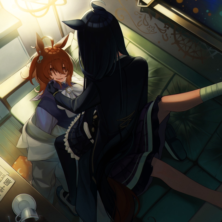 2girls absurdres agnes_tachyon_(umamusume) ahoge animal_ears bandaged_leg bandages belly_chain black_coat black_hair black_pantyhose black_skirt black_tail bow bowtie brown_hair brown_tail chemical_structure clothes_grab coat collar_grab commentary couch cross-laced_clothes cup earrings gold_embroidery hair_between_eyes highres horse_ears horse_girl horse_tail horseshoe_ornament indoors intertwined_tails jewelry lab_coat long_hair long_sleeves lying manhattan_cafe_(umamusume) medium_hair mujintou_png multicolored_shoes multiple_girls neckwear_grab on_back on_couch pantyhose parted_lips pleated_skirt purple_sailor_collar purple_shirt purple_skirt red_eyes sailor_collar saucer school_uniform shirt shoe_soles shoes sidelocks single_earring sitting sitting_on_person skirt smile spill straddling table tail teeth tracen_school_uniform two-tone_shoes umamusume upper_teeth_only white_bow white_bowtie white_shoes wide_sleeves winter_uniform