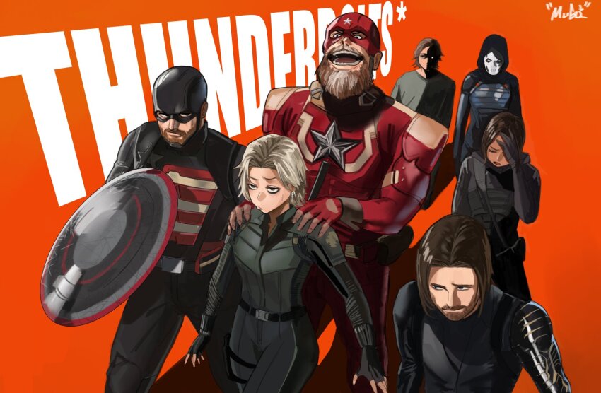 beard blonde_hair brown_hair bucky_barnes dark-skinned_female dark_skin facial_hair fingerless_gloves ghost_(marvel) gloves hand_on_own_face helmet highres john_walker marvel marvel_cinematic_universe mask mugi_(mugit49) red_guardian_(marvel) sentry_(marvel) shield short_hair silhouette sweatdrop taskmaster thunderbolts_(film) yelena_belova