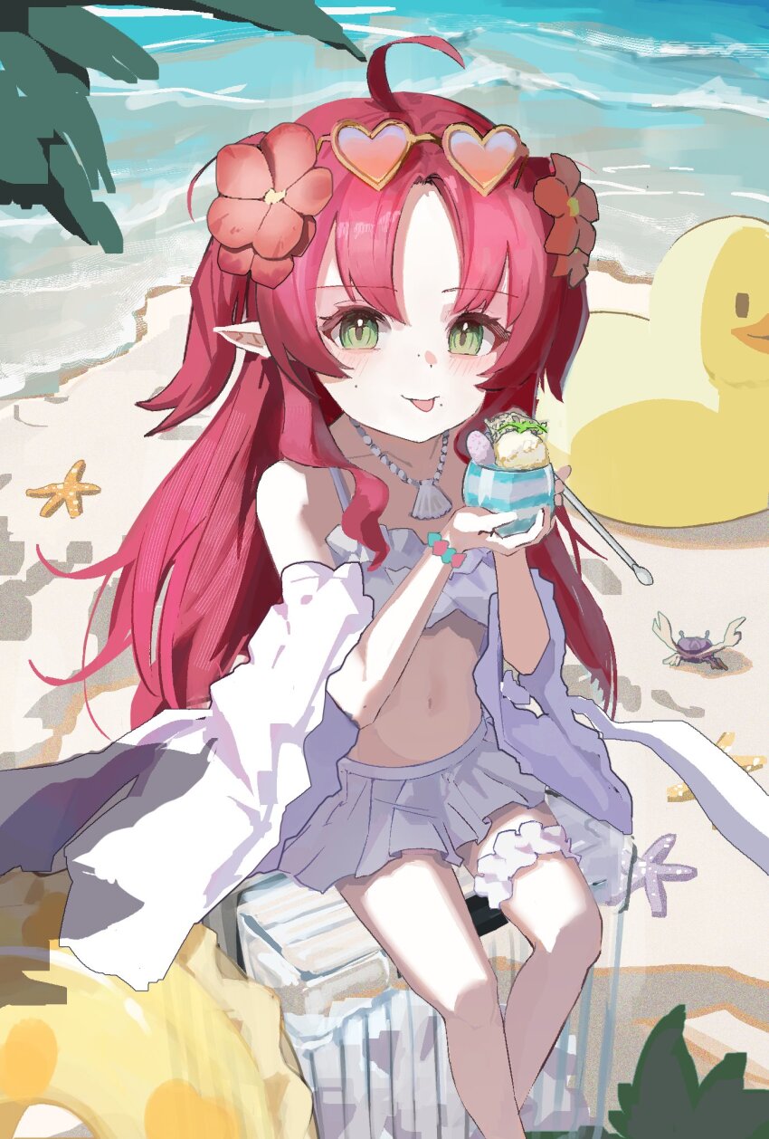 1girl :p arknights bad_id bad_twitter_id beach bikini closed_mouth eyewear_on_head flower green_eyes hair_flower hair_ornament heart heart-shaped_eyewear highres holding jewelry long_hair looking_at_viewer mikeneko90 myrtle_(arknights) myrtle_(summer_flowers)_(arknights) navel necklace official_alternate_costume outdoors pearl_necklace pointy_ears red-tinted_eyewear red_hair rolling_suitcase solo suitcase sunglasses swimsuit tinted_eyewear tongue tongue_out white_bikini