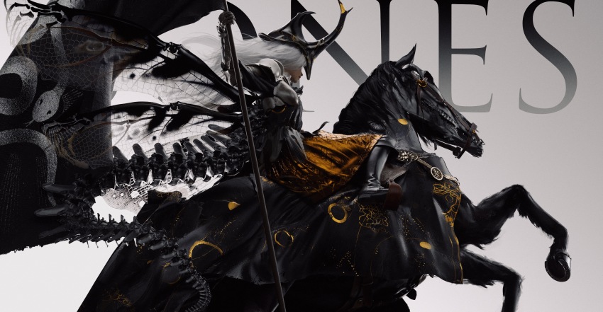1girl 3d 86_(nononononoway) absurdres armor bone_tail boots english_text flag gauntlets helmet highres holding holding_flag horse insect_wings long_hair long_sleeves original riding shoulder_armor skeleton_horse skirt solo white_hair wings