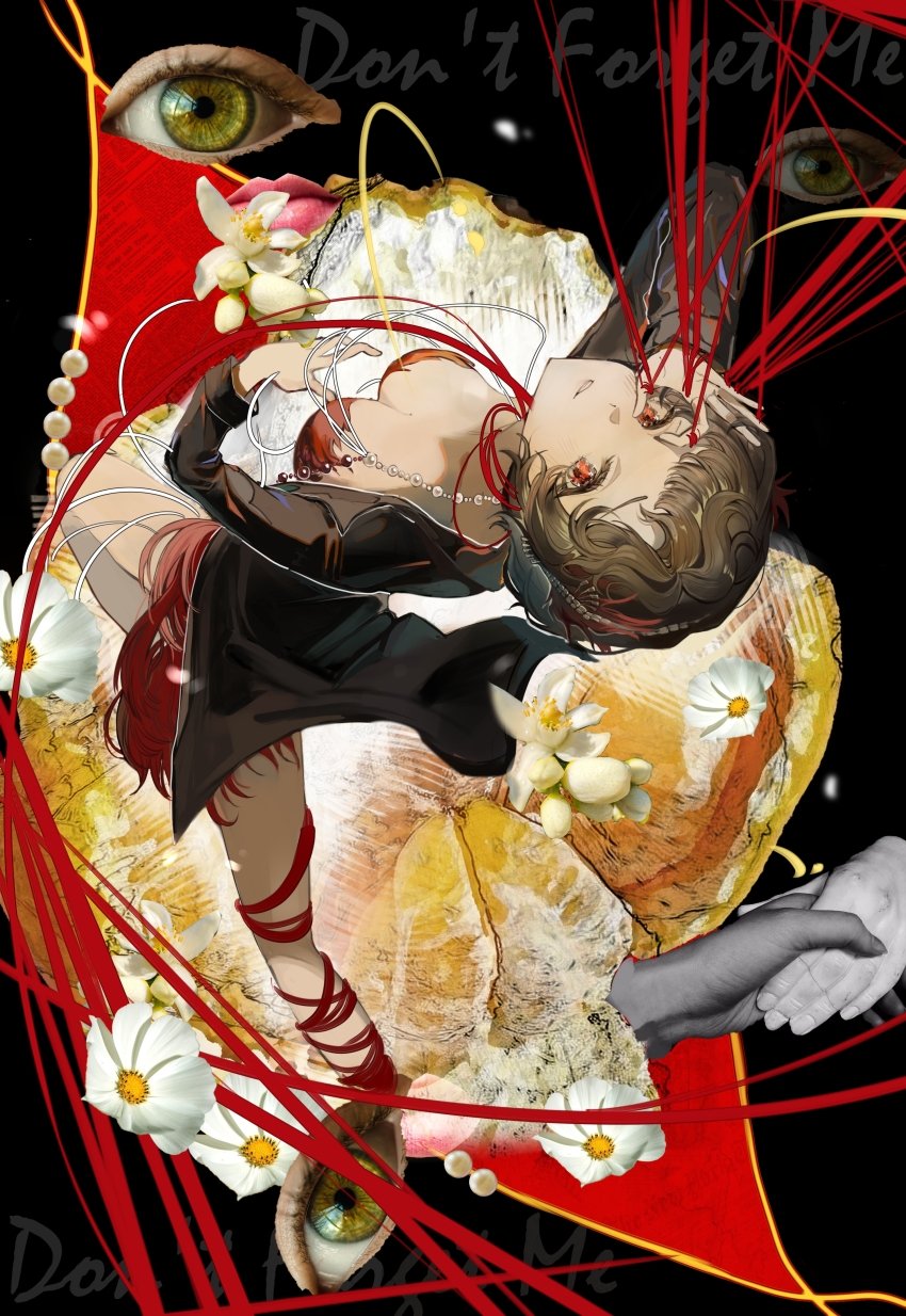 1girl absurdres arm_up black_background black_coat black_hair breasts cleavage coat curly_hair dress english_text eye_print feather_dress feathers flower food frog_hair_ornament from_above fruit full_body hair_ornament hairband hands_up highres jewelry knee_up leaning_back leg_up long_sleeves looking_at_viewer medium_breasts necklace ok_sign ok_sign_over_eye open_clothes open_coat orange_(fruit) orange_slice parted_lips pop_art red_dress red_eyes red_feathers red_rope reverse:1999 rope schneider_(reverse:1999) short_dress short_hair solo standing standing_on_one_leg white_flower whoa_fuwa