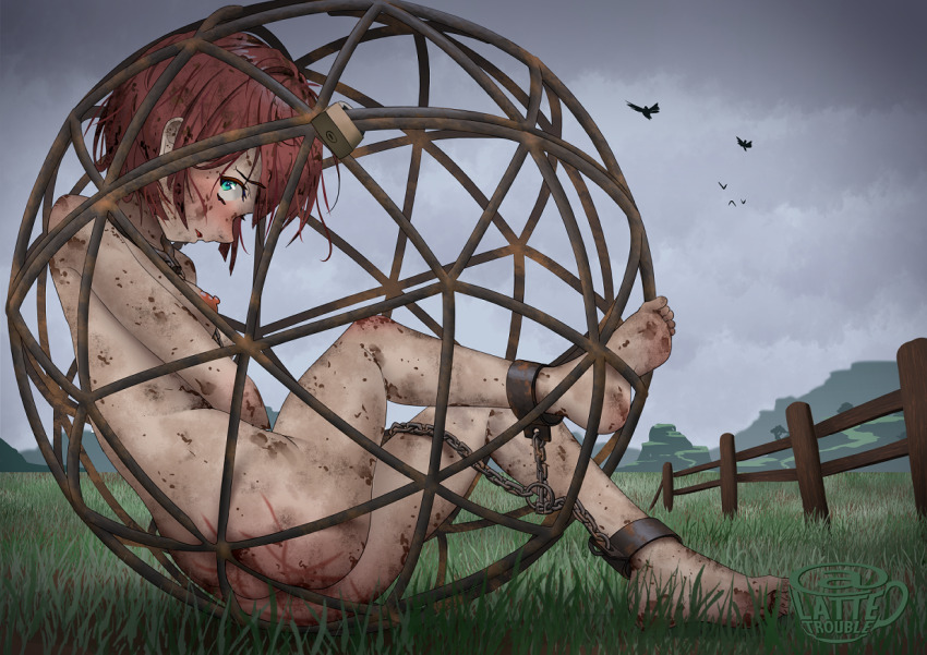 1girl ankle_cuffs aqua_eyes artist_logo artist_name barefoot bdsm blush bondage bound bound_ankles bound_legs breasts cage chain collar commentary completely_nude cuffs d: dirty dirty_feet english_commentary fence from_side grass head_down in_cage lattetrouble lock logo looking_to_the_side metal_collar nipples nude open_mouth original outdoors overcast padlock post_and_rail_fence red_hair restrained rust scraped_knee shackles short_hair simple_bird sitting sky slave small_breasts solo upturned_eyes watermark whip_marks wooden_fence