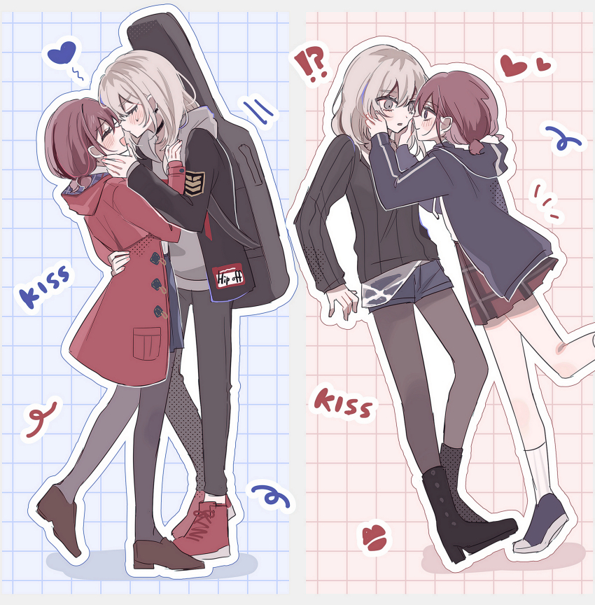 !? 2girls absurdres black_boots black_choker black_jacket black_pants black_sweater blue_shoes blue_shorts blush boots brown_shoes choker closed_eyes closed_mouth coat commentary earclip girls_band_cry grey_eyes grey_hair grey_hoodie grey_pantyhose grid_background guitar_case hamchan69 hand_on_another&#039;s_face hand_on_another&#039;s_waist heart highres hood hoodie imminent_kiss instrument_case instrument_on_back iseri_nina jacket kawaragi_momoka long_hair long_sleeves multicolored_hair multiple_girls pants pantyhose pleated_skirt red_coat red_hair red_shoes red_skirt roots_(hair) shoes short_twintails shorts skirt socks sweatdrop sweater twintails white_socks yuri
