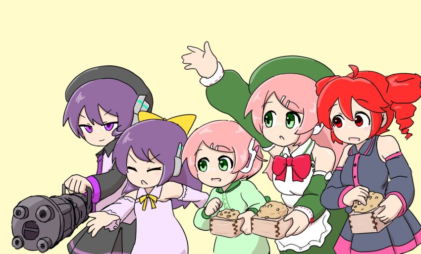 5girls aiming apron arm_up beans beret black_skirt black_sleeves blush bow bowtie box closed_eyes closed_mouth collared_dress cowboy_shot detached_sleeves dress drill_hair gatling_gun green_dress green_eyes green_headwear green_sleeves gun hair_ornament hairclip hat holding holding_box holding_gun holding_weapon kasane_teto kasane_teto_(utau) lineup long_hair looking_at_another looking_to_the_side mamemaki masu minigun momone_momo momone_sumomo multiple_girls neck_ribbon necktie open_mouth outstretched_arm pink_dress pink_hair pleated_skirt purple_dress purple_eyes purple_hair purple_necktie purple_sleeves raised_eyebrows red_bow red_bowtie red_eyes red_hair ribbon robot_ears saruyama_ushirou setsubun short_hair simple_background skirt sleeveless sleeveless_dress smirk standing swept_bangs throwing twin_drills utane_oto utane_uta utau weapon white_apron yellow_background yellow_ribbon