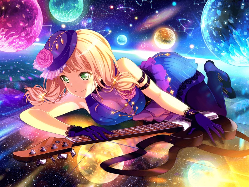 bang_dream! blush dres green_eyes guitar hat music pink_hair short_hair smile uehara_himari
