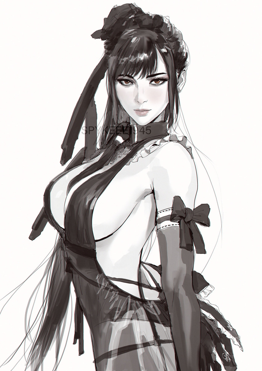 1girl artist_name breasts closed_mouth commentary commission english_commentary eve_(stellar_blade) greyscale highres large_breasts lips long_hair looking_at_viewer monochrome ponytail sideboob sketch solo spykeee stellar_blade very_long_hair vgen_commission white_background yorha_unofficial_ceremonial_attire_(stellar_blade)