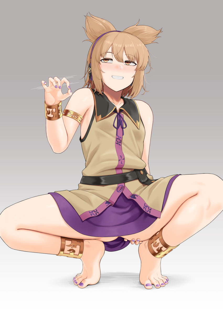 1girl absurdres arm_behind_back baketsuya bare_legs bare_shoulders barefoot blonde_hair blush breasts collared_shirt commentary_request grabbing_own_ass grin half-closed_eyes hand_up handjob_gesture highres legs looking_at_viewer medium_hair miniskirt nail_polish naughty_face purple_nails purple_skirt shirt skirt sleeveless sleeveless_shirt small_breasts smile smug solo spread_legs squatting thighs tiptoes touhou toyosatomimi_no_miko upskirt yellow_eyes