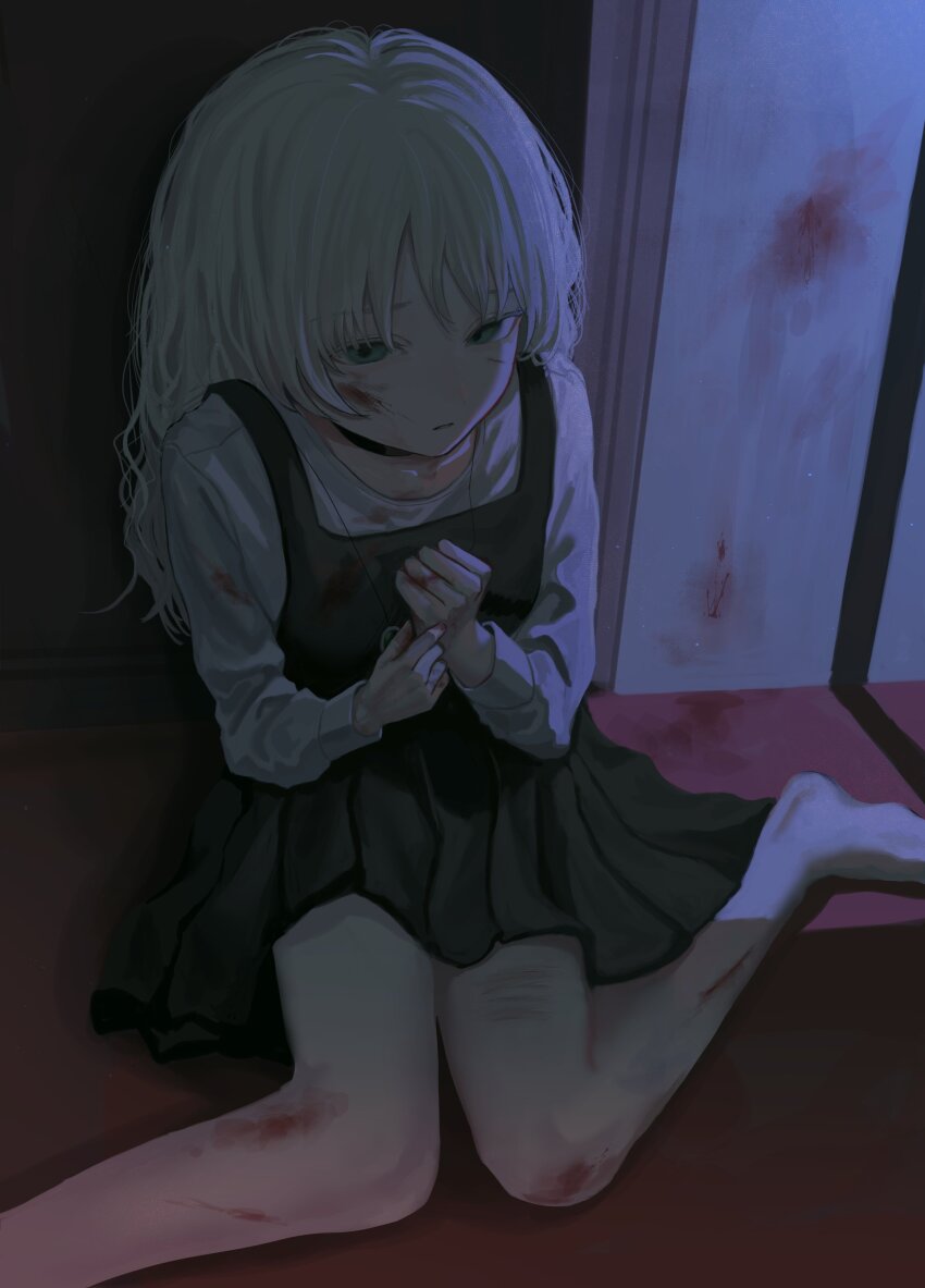 1girl absurdres barefoot black_dress blood blood_on_clothes blood_on_face blood_on_ground blood_on_wall cuts dress gem green_eyes green_gemstone highres implied_self-harm indoors injury jewelry kyano_(kyanora3141) long_sleeves medium_hair no_nose on_ground original own_hands_together pendant pinafore_dress pleated_dress scratches shirt sidelocks sitting sleeveless sleeveless_dress solo wariza white_hair white_shirt