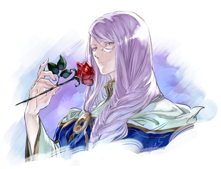 1boy bishounen braid chrom_rem closed_mouth dame_x_prince fingernails flower highres holding holding_flower looking_at_viewer male_focus monocle purple_eyes purple_hair red_flower red_rose robe rose signature suzuki_rika wide_sleeves