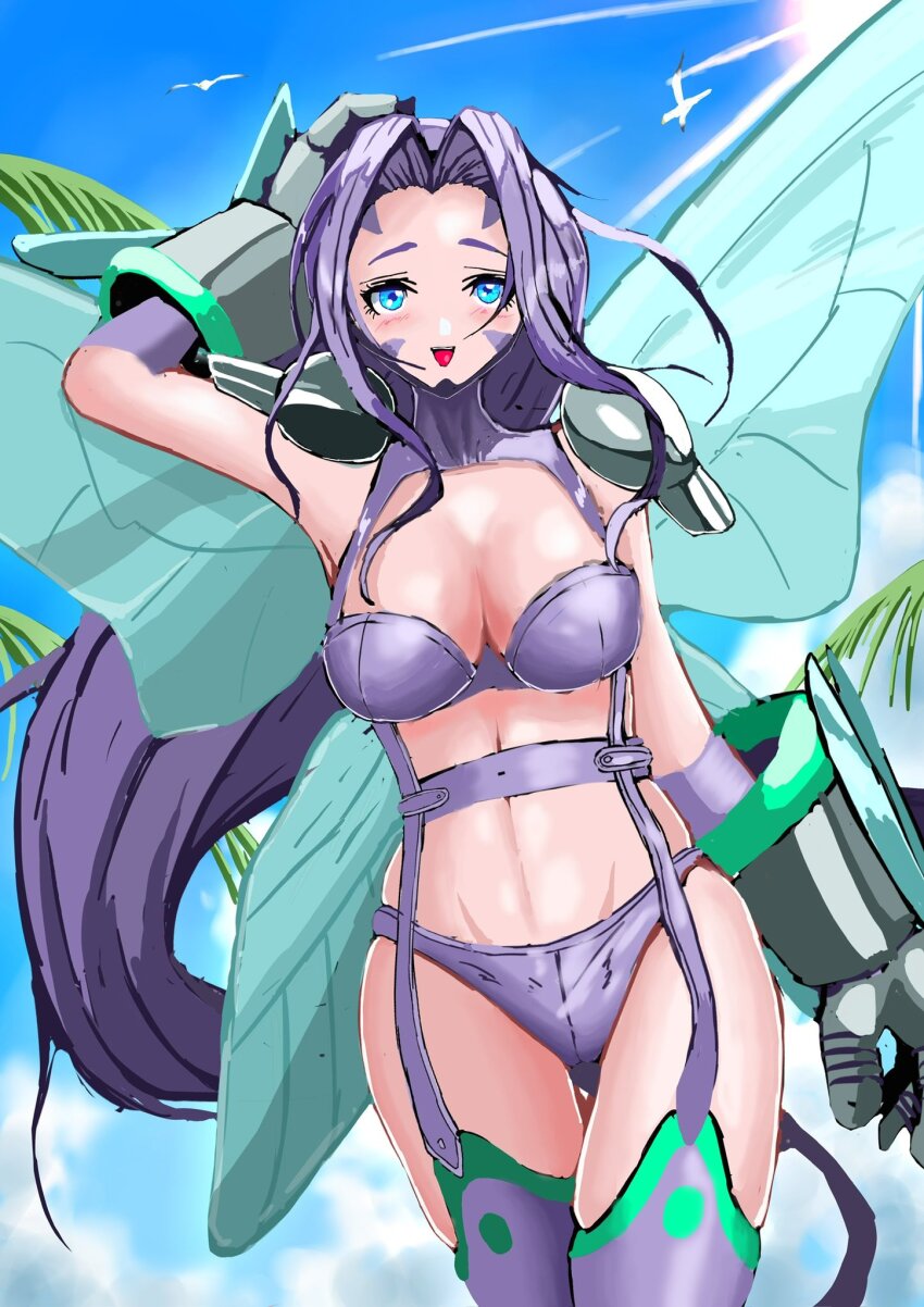 1girl bikini bird blue_eyes breasts cowboy_shot digimon digimon_(creature) digimon_frontier fairimon fairy_wings highres large_breasts long_hair looking_at_viewer pink_bikini purple_hair sawa_d seagull shoulder_pads sketch solo sunlight swimsuit wings