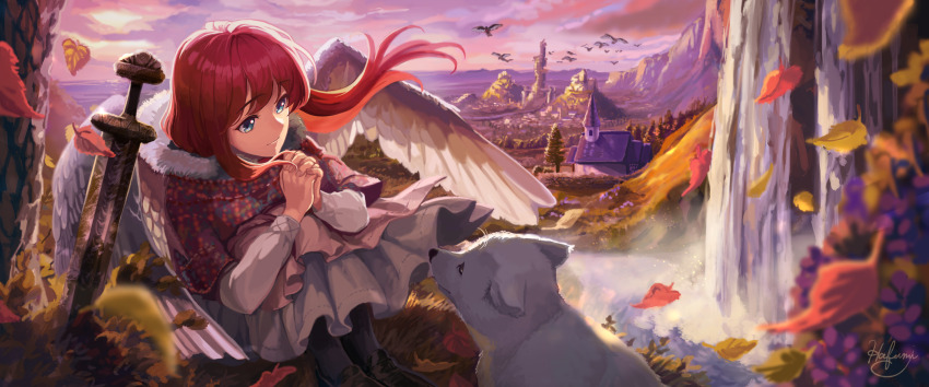 1girl artist_name autumn bird black_footwear black_thighhighs blue_eyes building commentary_request dog fantasy fha59355 grey_skirt highres long_skirt looking_to_the_side medium_hair multicolored_clothes orange_clouds original own_hands_together planted planted_sword planted_weapon puppy red_hair river ruins skirt sunset sword thighhighs tree water waterfall weapon wings