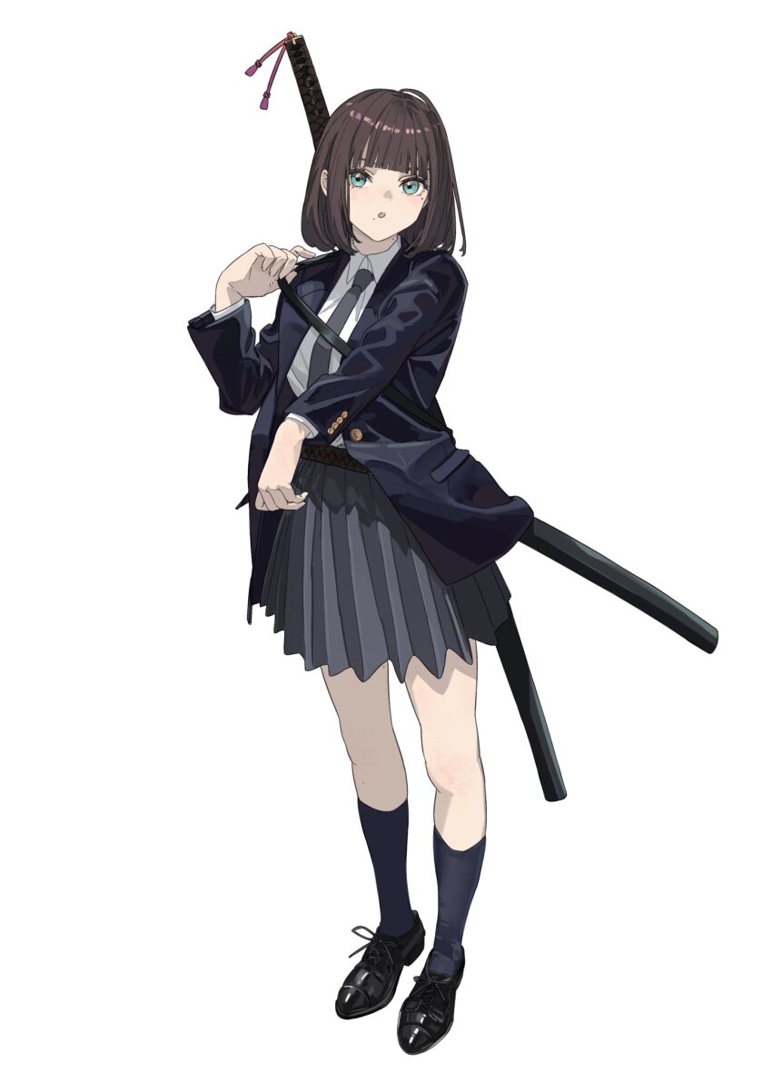 1girl black_necktie blue_eyes brown_hair highres jacket katana looking_at_viewer mole mole_on_neck mole_under_eye mole_under_mouth necktie ootachi original sawatani_(_swt2) school_uniform shirt short_hair skirt solo sword thighhighs weapon white_background white_shirt