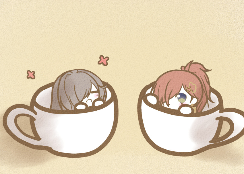 2girls azur_lane chibi cup earrings closed_eyes hair_over_one_eye in_container in_cup jewelry koti multiple_girls ponytail purple_hair red_hair simple_background trento_(azur_lane) trieste_(azur_lane) yellow_background