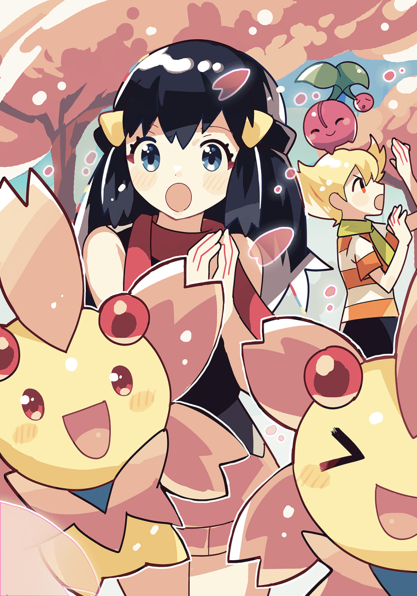 1boy 1girl :o anidler91 barry_(pokemon) black_hair black_shirt blonde_hair cherrim cherrim_(sunshine) cherry_blossoms cherry_tree cherubi dawn_(pokemon) gen_4_pokemon green_scarf hair_ornament half_updo highres nintendo no_headwear no_sclera open_mouth orange_eyes petals pink_skirt pokemon pokemon_(creature) pokemon_dppt red_scarf scarf shirt skirt striped_clothes striped_shirt tree