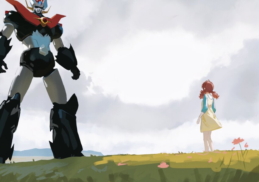1girl absurdres brown_hair cobwvmeti crossover day dress field grass hashtag-only_commentary highres idolmaster idolmaster_shiny_colors komiya_kaho low_twintails mazinger_(series) mazinkaiser mazinkaiser_(robot) mecha outdoors robot solo standing twintails yellow_dress