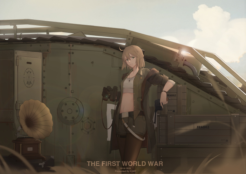 1girl absurdres ahoge alternate_costume artist_name artoria_pendragon_(fate) bandaged_arm bandages belt binoculars black_gloves black_pantyhose blonde_hair brown_jacket cjmy cloud commentary cross english_commentary english_text fate/grand_order fate_(series) female_focus gloves green_eyes green_shirt gun hair_between_eyes hair_ribbon handgun highres holding holding_binoculars holding_gun holding_weapon jacket mark_iv_tank mauser_c96 military military_vehicle motor_vehicle open_clothes open_jacket open_shirt pantyhose phonograph ribbon saber_(fate) shirt short_hair shorts single_glove sky solo tank thigh_strap watch weapon wooden_box