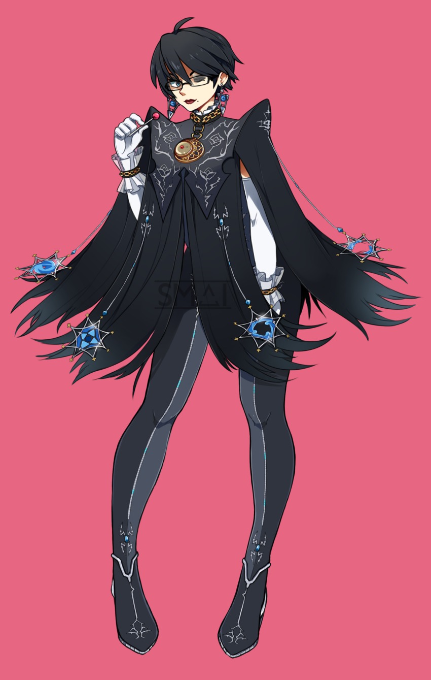 1girl ;) ahoge alternate_hair_length alternate_hairstyle bayonetta_(series) bayonetta_2 black_hair blue_eyes bodysuit candy earrings elbow_gloves eyeshadow female_focus food full_body glasses gloves hand_on_thigh highres jewelry lips lipstick lollipop long_legs makeup mole mole_under_mouth one_eye_closed pigeon-toed pink_background sami_(artist) sami_briggs short_hair simple_background smile solo watermark wrist_cuffs