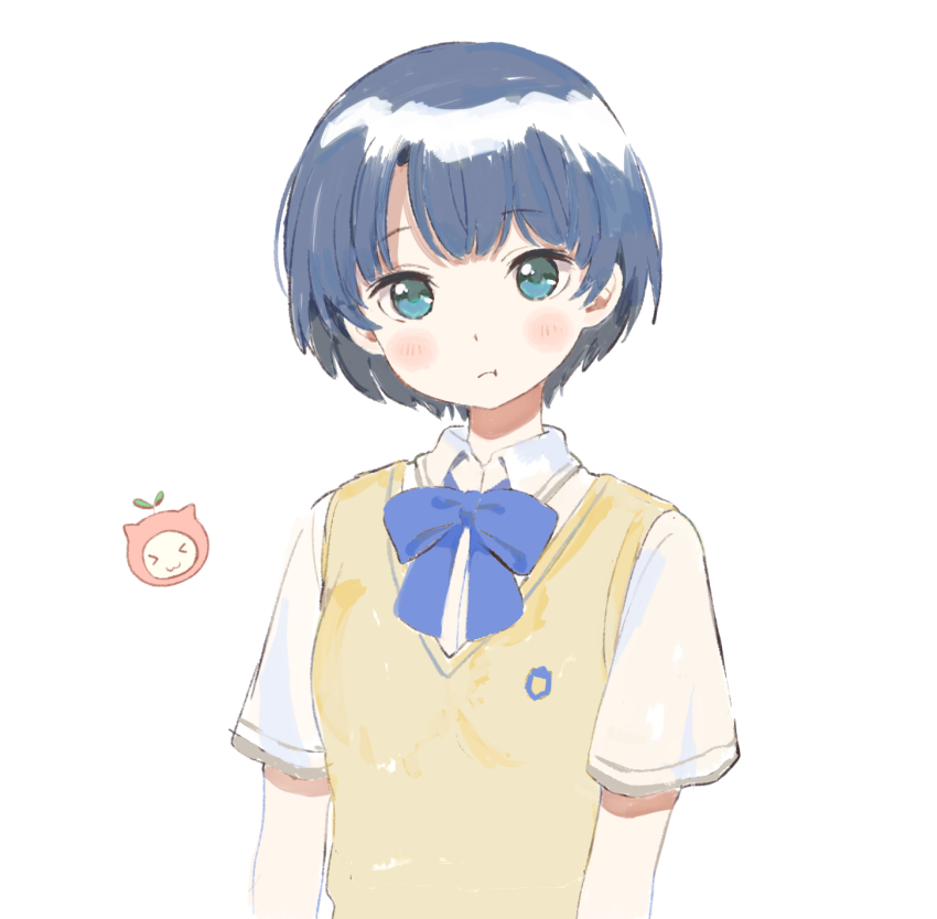 1girl :t ano_natsu_de_matteru blue_bow blue_bowtie blue_eyes blue_hair blush bow bowtie collared_shirt female_focus highres looking_at_viewer nprmtp pout shirt short_hair short_sleeves simple_background solo sweater_vest tanigawa_kanna upper_body white_background white_shirt yellow_sweater_vest