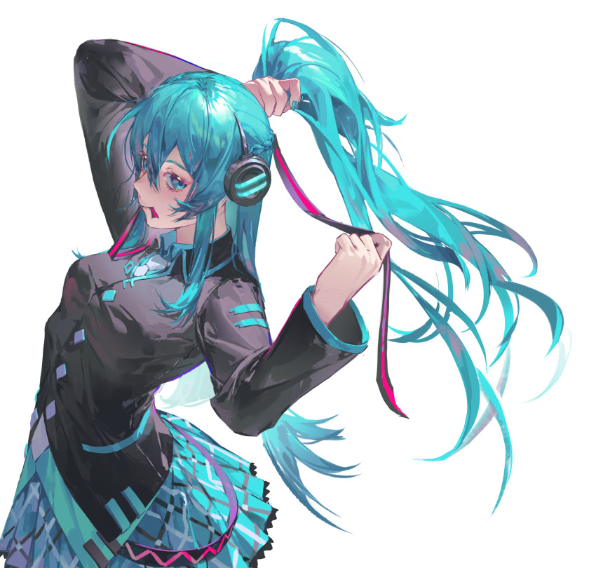 1girl absurdres aqua_eyes aqua_hair aqua_nails aqua_shirt aqua_skirt aqua_trim arm_up black_jacket braid buttons collared_jacket collared_shirt commentary_request cowboy_shot cowgirl_position diamond_button flipped_hair frilled_skirt frills from_side hair_between_eyes half_up_braid hand_up hatsune_miku hatsune_miku_(if) highres holding holding_own_hair jacket kako_(pixiv77158173) layered_clothes long_hair long_sleeves looking_at_viewer miniskirt mouth_hold necktie plaid_clothes plaid_skirt pleated_skirt ponytail ribbon ribbon_in_mouth shirt sidelocks simple_background skirt solo straddling very_long_hair vocaloid white_background white_necktie