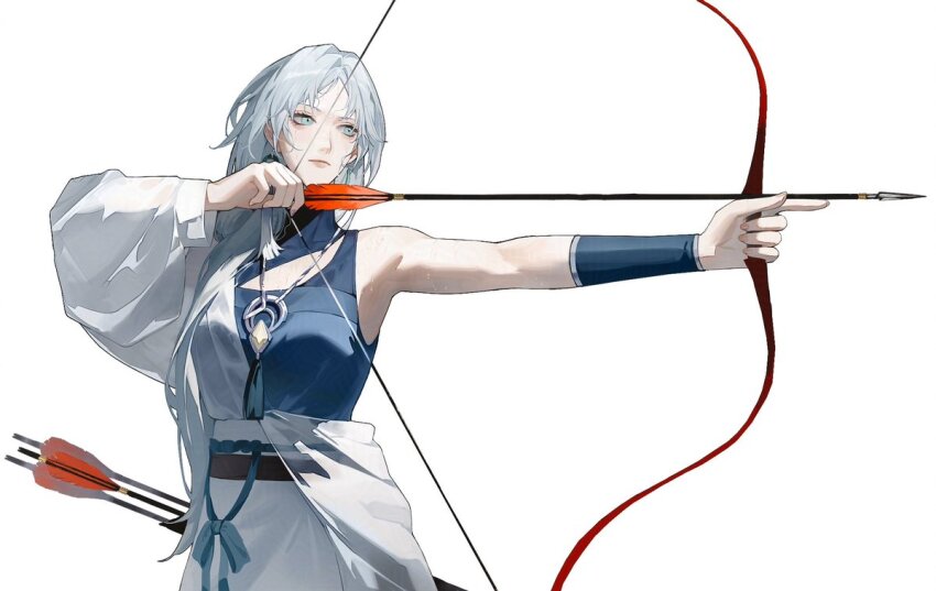 1girl aqua_eyes archery arm_guards arm_out_of_sleeve arrow_(projectile) blue_sash bow_(weapon) chinese_clothes chinese_commentary commentary_request drawing_bow du_ruo_(path_to_nowhere) forehead hadanugi_dousa hair_intakes hanfu holding holding_bow_(weapon) holding_weapon houraisan_chouko jewelry long_hair necklace open_kimono parted_bangs path_to_nowhere quiver sash simple_background solo sweat upper_body weapon white_background white_hair white_hanfu