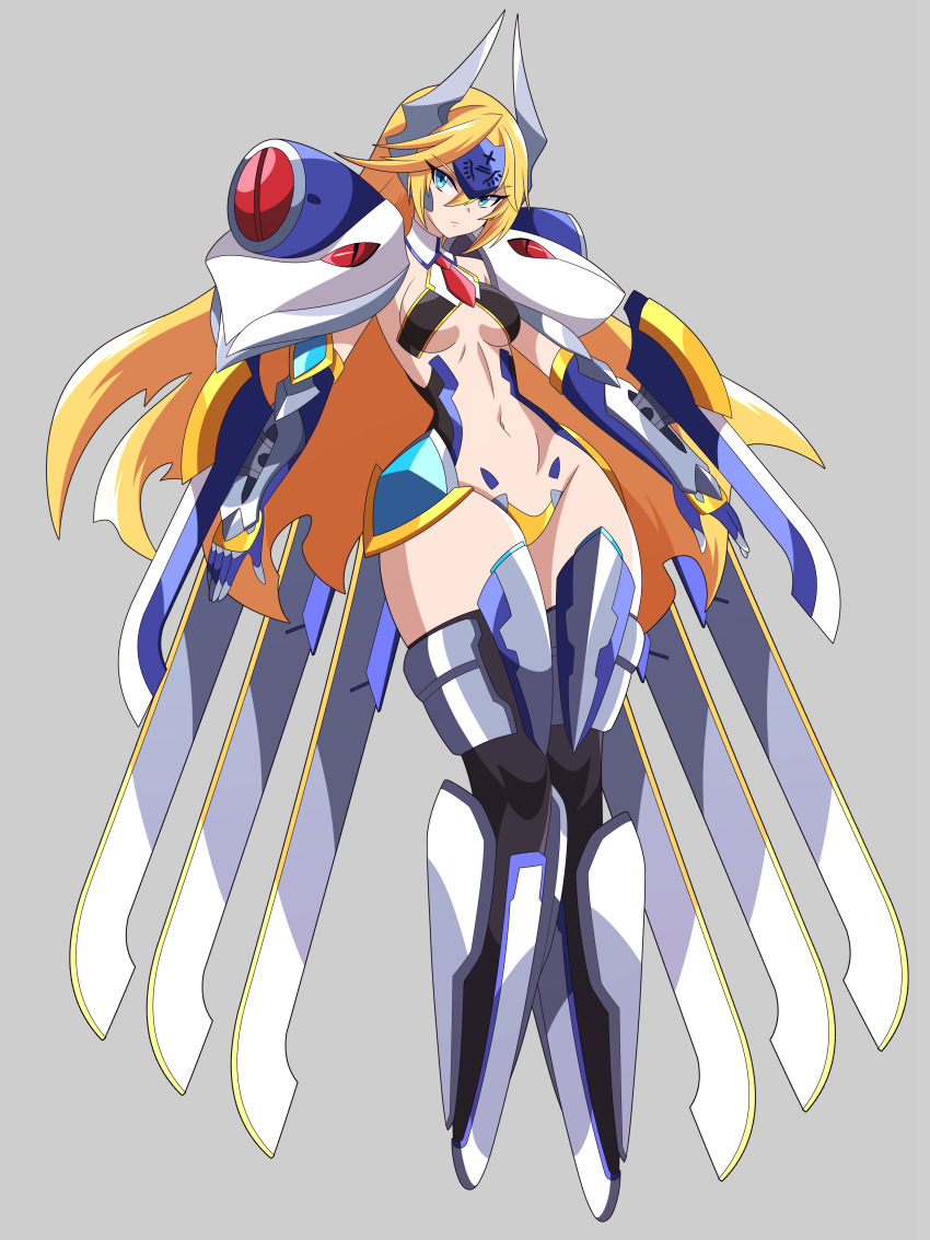 1girl absurdres abysswatchers arc_system_works armor armored_boots black_thighhighs blazblue blonde_hair blue_eyes blue_gloves boots breasts commission detached_collar gloves grey_background headpiece highres horns long_hair looking_at_viewer mecha_musume mu-12 navel necktie noel_vermillion panties red_necktie small_breasts standing thighhighs underwear white_armor white_boots wide_hips wings wrist_blades yellow_panties