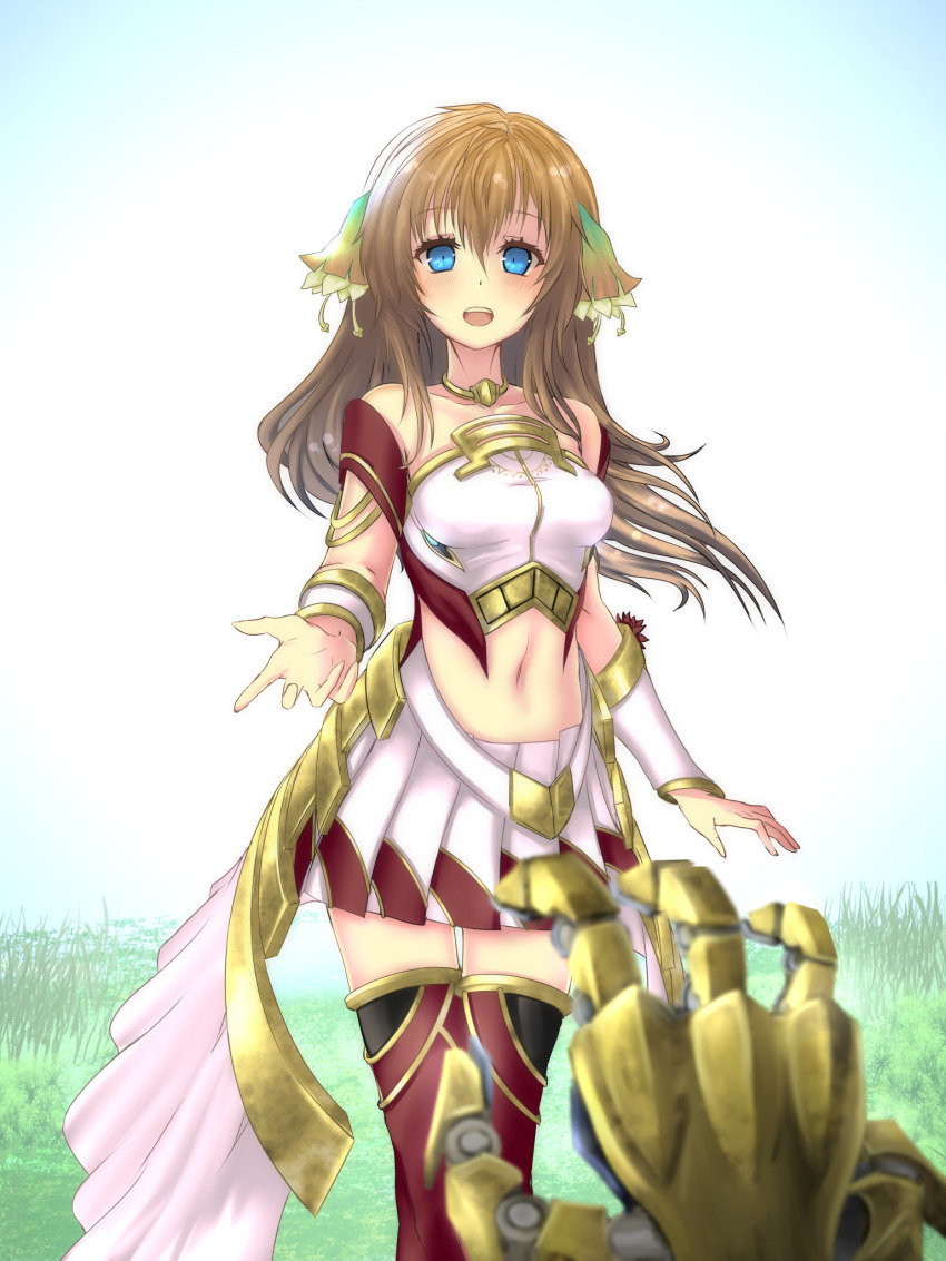 1girl 1other ar_nosurge bare_shoulders blue_eyes brown_hair crop_top earthes grass hair_between_eyes highres ionasal_kkll_preciel long_hair looking_at_viewer mechanical_arms mobuseibihei navel open_mouth pleated_skirt skirt solo_focus strapless surge_concerto teeth thighhighs tube_top upper_teeth_only vambraces white_skirt white_tube_top zettai_ryouiki