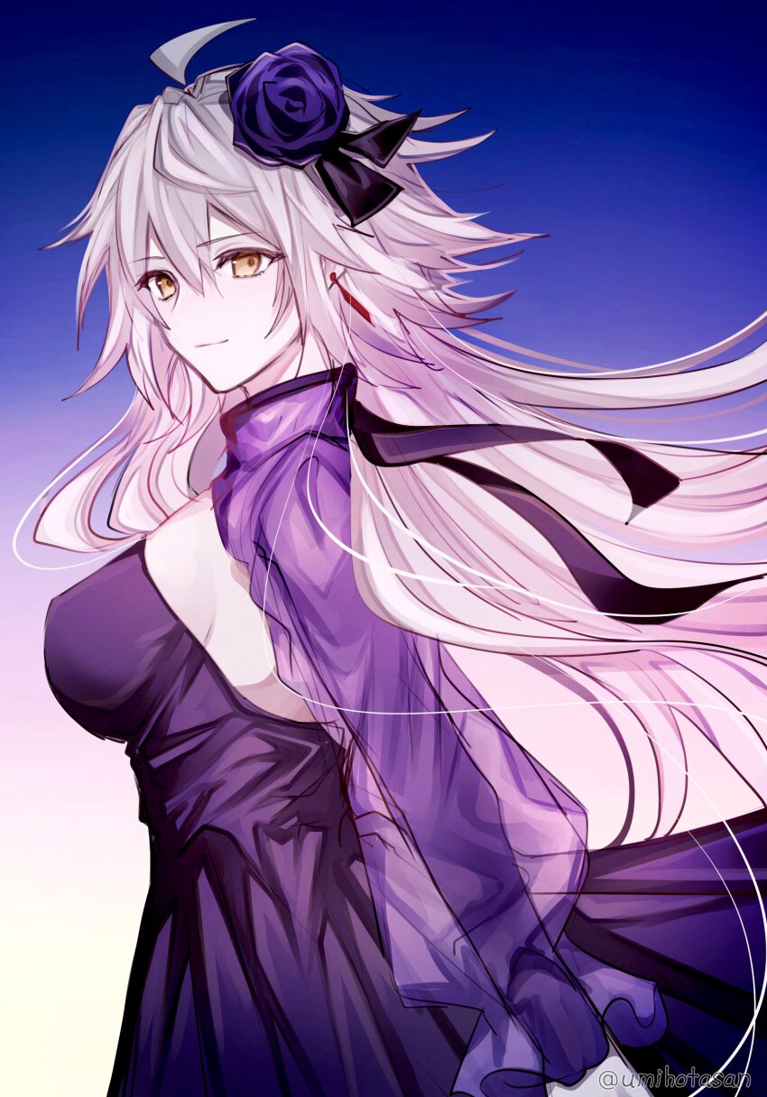 1girl absurdres ahoge artist_name blue_background breasts closed_mouth cowboy_shot dress earrings fate/grand_order fate_(series) flower frilled_sleeves frills from_side gradient_background hair_between_eyes hair_flower hair_ornament highres jeanne_d&#039;arc_alter_(fate) jeanne_d&#039;arc_alter_(over_the_same_sky)_(fate) jewelry long_hair long_sleeves looking_at_viewer looking_back purple_dress purple_flower purple_rose purple_sleeves rose see-through_clothes see-through_sleeves sideboob simple_background smile solo twitter_username umihotasan very_long_hair white_background yellow_eyes