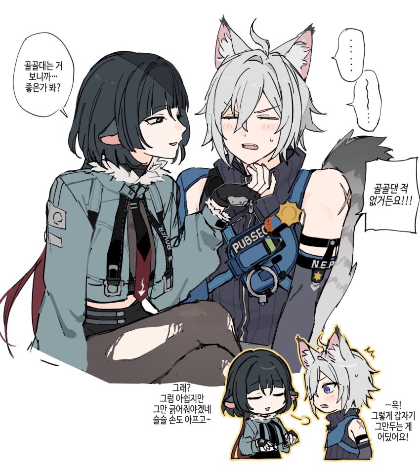 ... 1boy 1girl animal_ear_fluff animal_ears black_gloves black_hair blush cat_boy cat_ears cat_tail chin_rub closed_eyes crossed_legs detached_sleeves fang fingerless_gloves gloves hair_between_eyes hetero highres jacket jane_doe_(zenless_zone_zero) korean_text long_hair mouse_ears mouse_girl multicolored_hair multiple_views necktie pantyhose puff_of_air red_hair ritsik0 scar scar_on_arm seth_lowell simple_background sitting spoken_ellipsis tail torn_clothes torn_pantyhose translation_request white_background zenless_zone_zero
