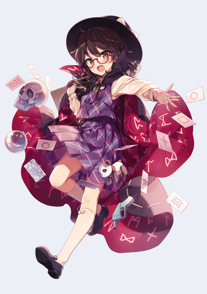 1girl ahoge animal_ears arm_up bell black_bow black_bowtie black_hair black_hat black_shoes black_skin blue_background blush bow bowtie breasts brown_eyes buttons card circle collared_shirt colored_skin cross flying full_body glasses gloves grey_gloves gun hair_between_eyes handgun hands_up hat hat_bow highres kneehighs leg_up long_sleeves looking_at_viewer medium_breasts occult_ball official_art open_mouth panda panda_ears panda_tail phone pistol plaid_clothes plaid_skirt plaid_vest puffy_long_sleeves puffy_sleeves purple_skirt purple_vest runes shapes shirt shnva shoes short_hair short_twintails simple_background skirt skull smile socks solo square star_(symbol) strange_creators_of_outer_world stuffed_animal stuffed_toy tail third-party_source touhou toy twintails usami_sumireko vest waves weapon white_bow white_shirt white_skin white_socks zener_card