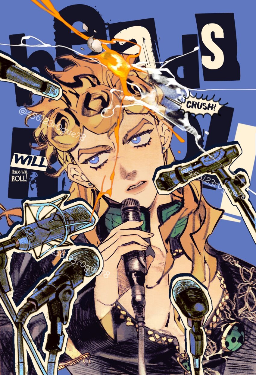 1boy 456123r0gue78 aqua_eyes bare_pectorals black_suit blonde_hair curly_hair earrings formal_clothes giorno_giovanna highres jewelry jojo_no_kimyou_na_bouken long_hair microphone_stand pectorals single_earring solo suit vento_aureo
