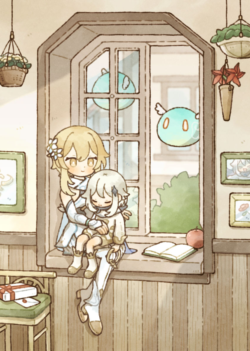 2girls :3 apple black_cape blonde_hair blush book boots box bright_pupils cape chair closed_eyes closed_mouth commentary_request day dress envelope flower flying food fruit genshin_impact gift gift_box gold_trim hair_between_eyes hair_flower hair_ornament halo halo_removed hanging_plant highres holding_halo indoors letter long_sleeves lumine_(genshin_impact) medium_hair multiple_girls open_book open_window orange_flower paimon_(genshin_impact) picture_frame romper shionosuke short_hair_with_long_locks sidelocks sitting sitting_in_window sitting_on_lap sitting_on_person sleeveless sleeveless_dress slime_(creature) slime_(genshin_impact) smile star_(symbol) star_hair_ornament thigh_boots tree vambraces white_cape white_dress white_flower white_footwear white_hair white_pupils white_romper window windowsill windwheel_aster_(genshin_impact) yellow_eyes
