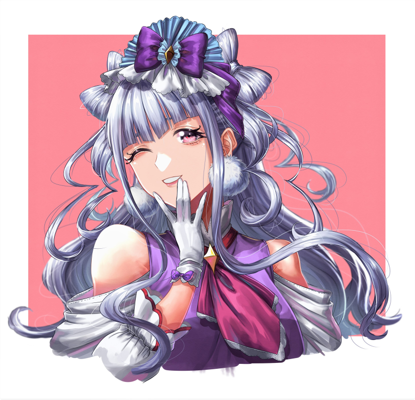 absurdres ascot cone_hair_bun cure_amour earrings gloves grey_hair hair_bun highres hugtto!_precure jewelry lipstick long_hair looking_at_viewer makeup one_eye_closed pink_background pink_eyes precure ruru_amour sakana_sakanama smile upper_body white_background white_gloves