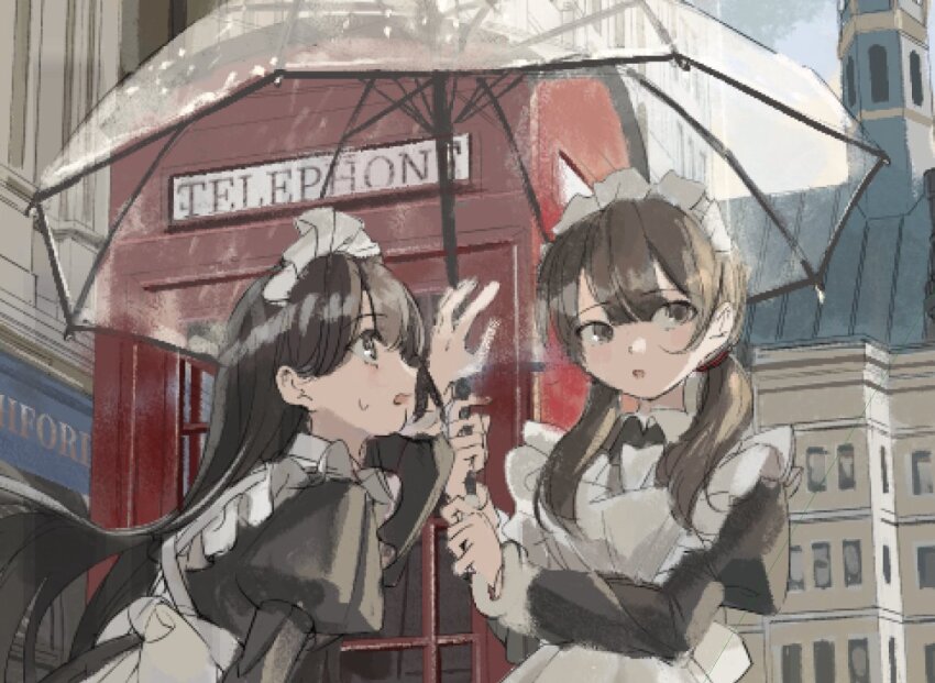 2girls apron black_dress blurry blush brown_eyes brown_hair dress frilled_apron frills hair_ornament holding holding_umbrella jpeg_artifacts_on_purpose long_hair long_sleeves maid maid_apron maid_headdress multiple_girls open_mouth original phone_booth puffy_sleeves shii_(kairi-t-k0317) umbrella upper_body white_apron