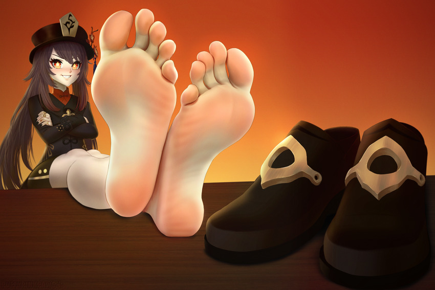 1girl barefoot brown_hair crossed_arms feet foot_focus genshin_impact grin hat hu_tao_(genshin_impact) light_blush long_hair looking_at_viewer puffypinkpaws shoes unworn_shoes smile soles symbol-shaped_pupils table toes