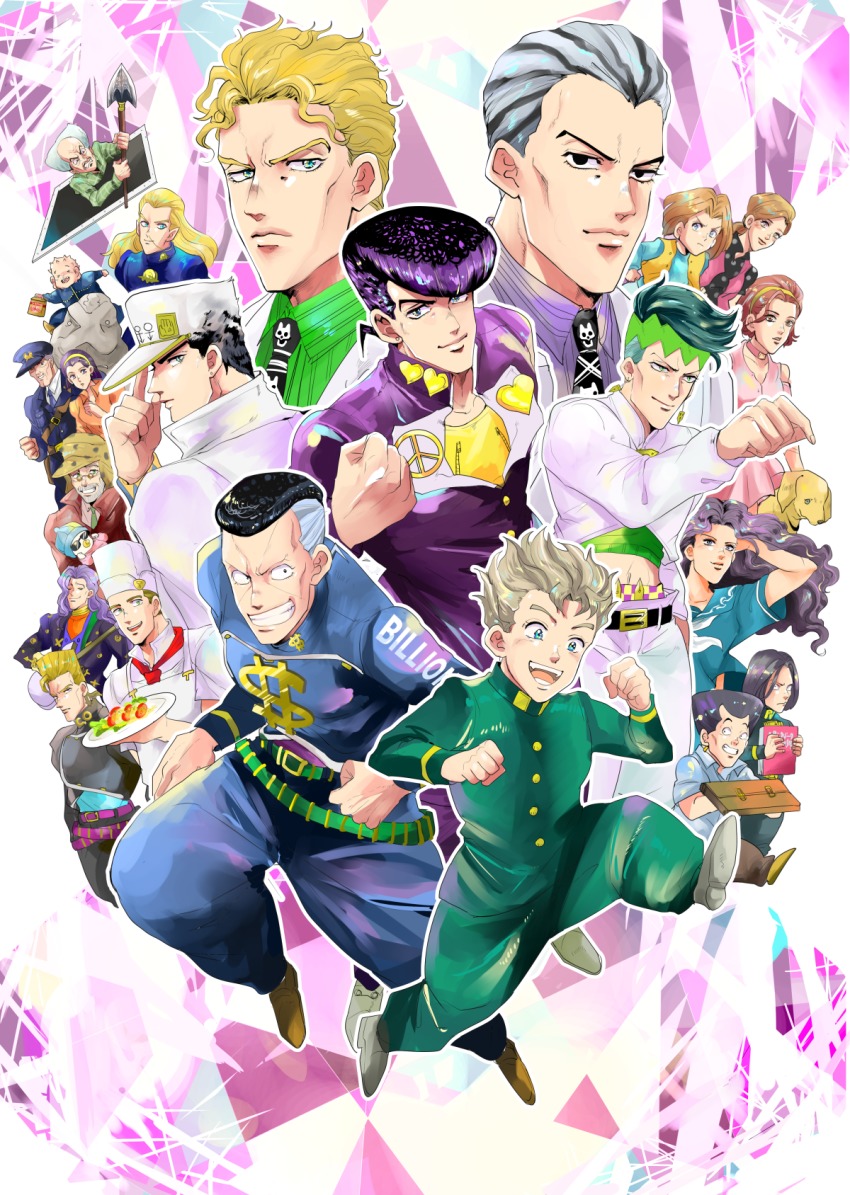 apron arnold_(jojo) arrow_(jojo) arrow_(projectile) atom_heart_father_(stand) baby bag beard black_eyes black_hair blonde_hair blue_eyes book bookbag brown_hair chef chef_hat clenched_hands closed_eyes crop_top dog dress dual_persona earrings facial_hair facial_mark food formal_clothes frown gakuran glasses green_eyes green_hair grey_hair grin hair_slicked_back hairband hand_in_own_hair hat hazamada_toshikazu hazekura_mikitaka headband higashikata_josuke higashikata_ryohei higashikata_tomoko highres hirose_koichi jewelry jojo_no_kimyou_na_bouken joseph_joestar joseph_joestar_(old) katagiri_anjuro kawajiri_hayato kawajiri_kosaku kawajiri_shinobu kira_yoshihiro kira_yoshikage kishibe_rohan kobayashi_tamami kuujou_joutarou light_brown_hair midriff multicolored_hair necktie nijimura_keicho nijimura_okuyasu nose_piercing okome_oisii old old_man open_mouth otoishi_akira pacifier photo_(object) piercing pink_dress plate police police_uniform pompadour ponytail purple_hair rock school_uniform serafuku shizuka_joestar smile stand_(jojo) stud_earrings sugimoto_reimi suit tonio_trussardi two-tone_hair vest yamagishi_yukako yangu_shigekiyo