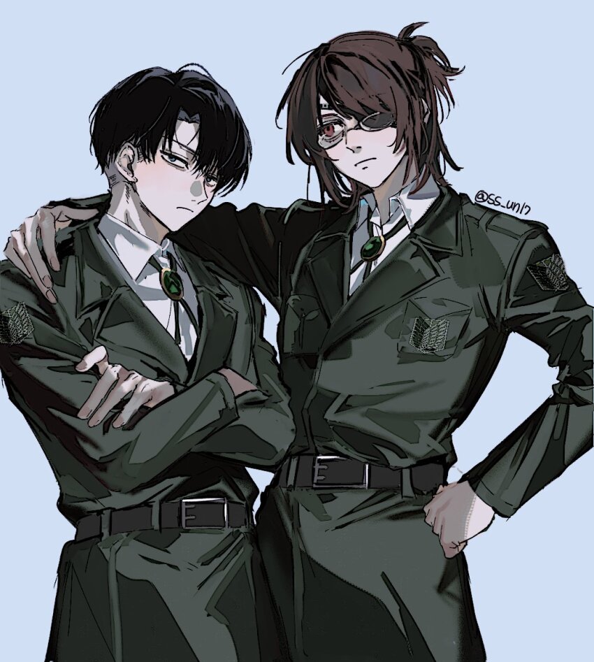 1boy arm_around_shoulder belt black_belt black_hair bolo_tie brown_eyes brown_hair closed_mouth collared_shirt crossed_arms eyepatch frown glasses grey_background hair_between_eyes hand_on_own_hip hange_zoe jacket levi_(shingeki_no_kyojin) military_jacket military_uniform parted_bangs ponytail shingeki_no_kyojin shirt short_hair ss_un17 survey_corps_(emblem) twitter_username white_shirt