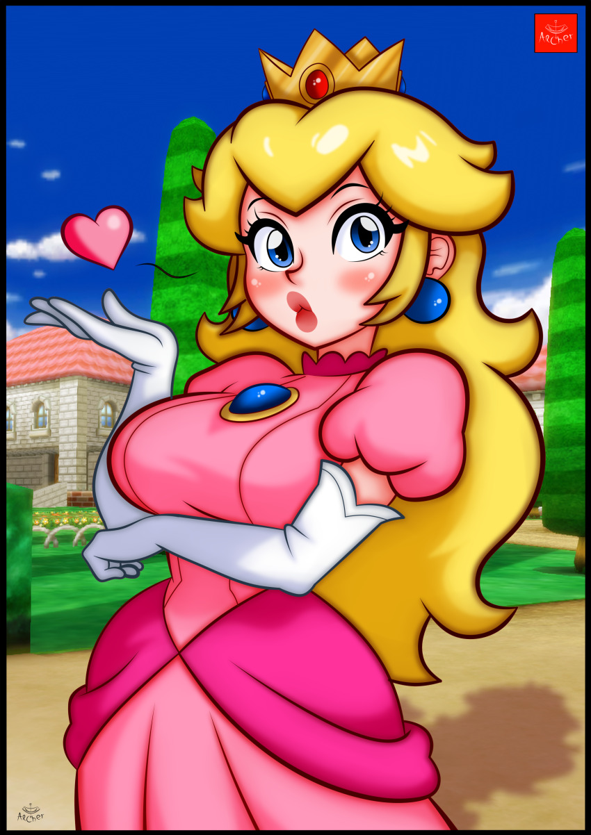 1girl absurdres arm_under_breasts blonde_hair blowing_kiss blue_eyes blush breasts crown dress gloves heart highres large_breasts legs long_hair looking_at_viewer mario_(series) nintendo pink_lips princess princess_peach puckered_lips solo thighs yularcher
