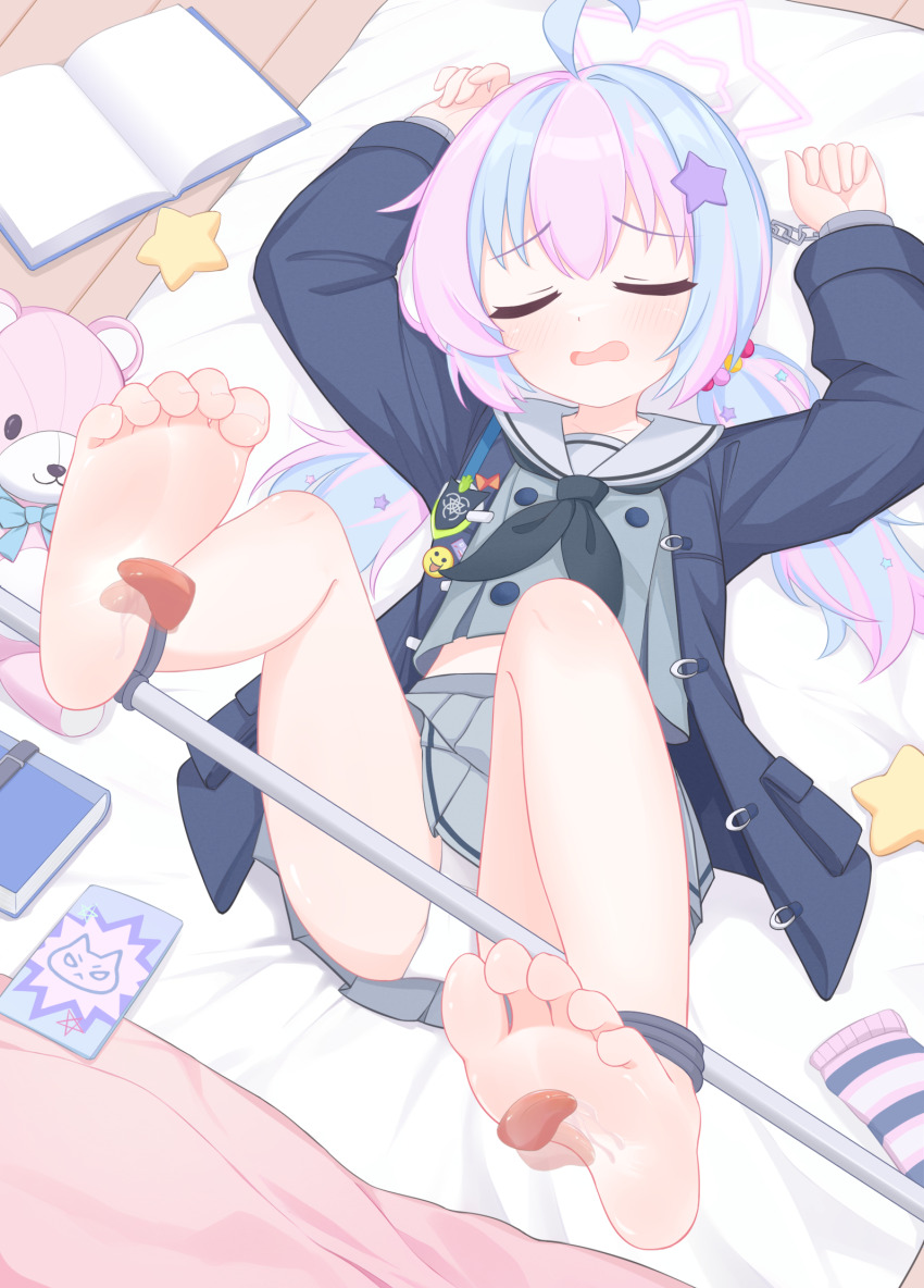 1girl 2others arms_up barefoot black_neckerchief blue_archive blue_coat blue_hair chinese_commentary closed_eyes coat commentary_request cropped_shirt disembodied_tongue eugenecolin full_body grey_shirt grey_skirt hair_ornament halo highres indoors large_variant_set legs_up licking licking_foot loli long_sleeves lying midriff_peek miniskirt multiple_others neckerchief on_back open_clothes open_coat open_mouth panties pink_hair pink_halo pleated_skirt reisa_(blue_archive) restrained sailor_collar shirt skirt socks soles spreader_bar star_(symbol) star_hair_ornament star_halo striped_clothes striped_socks stuffed_animal stuffed_toy teddy_bear toes twintails underwear unworn_socks variant_set white_panties white_sailor_collar