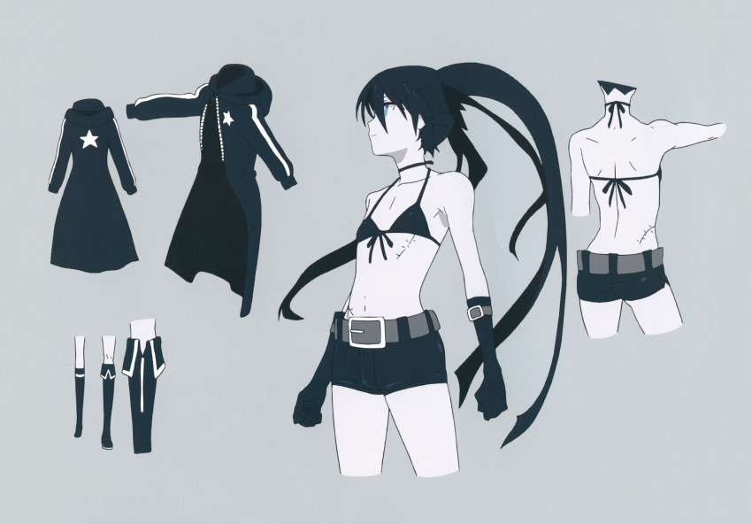 1girl absurdres belt bikini bikini_top_only black_coat black_gloves black_hair black_rock_shooter black_rock_shooter_(character) black_shorts blue_eyes boots coat concept_art front-tie_bikini_top front-tie_top gloves highres hood hooded_coat long_hair matsuo_yuusuke official_art open_clothes open_coat pale_skin production_art scar shorts swimsuit twintails uneven_twintails