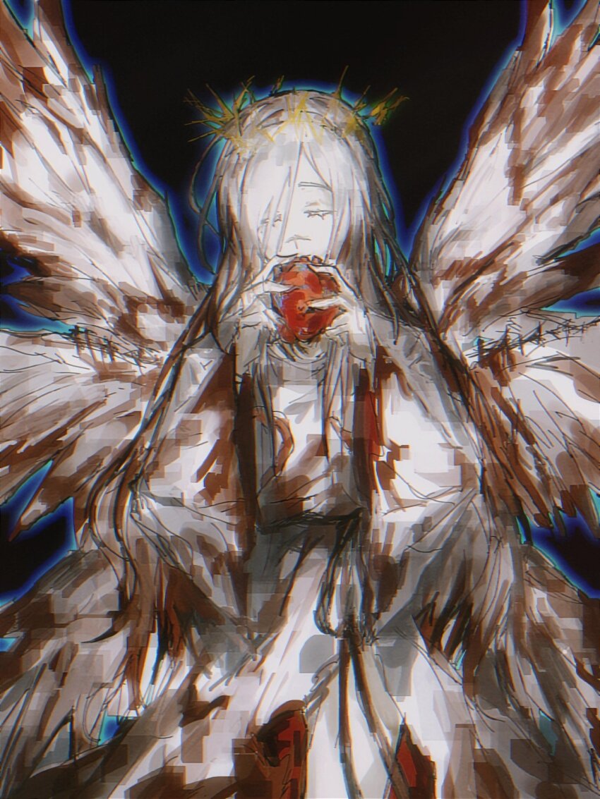 1girl angel_wings angela_(project_moon) blood blood_on_clothes bloody_wings crown_of_thorns dress e.g.o_(project_moon) food fruit heinrich_(fernanderuddle) highres holding holding_food holding_fruit library_of_ruina long_sleeves multiple_wings paradise_lost_(e.g.o) project_moon seraph solo upper_body white_dress white_wings whitenight_(project_moon) wide_sleeves wings