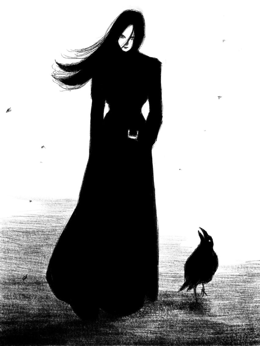 1girl bird crow dress expressionless full_body greyscale highres long_hair looking_at_viewer monochrome original outdoors solo tp_p_pt wind